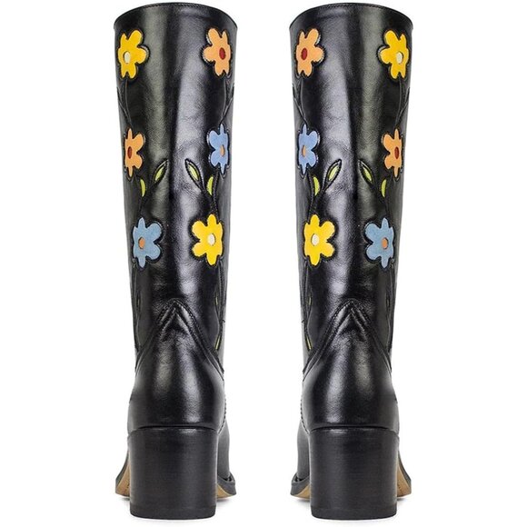 🆕Women Black Faux Leather Knee High with Flowers Square Toe Chunky Heel Boots - Picture 6 of 10